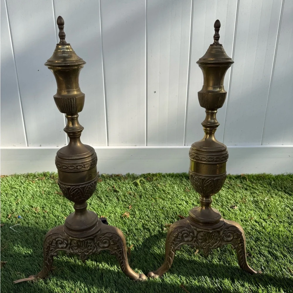 Pair of Vintage‎ Brass Andirons Ornate Very Nice